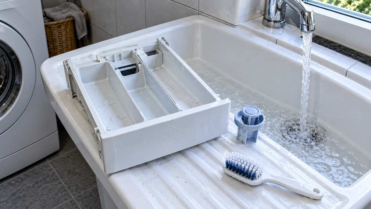 Altus çamaşır makinesinin çıkarılmış deterjan çekmecesi lavabo kenarında yıkanmayı bekliyor