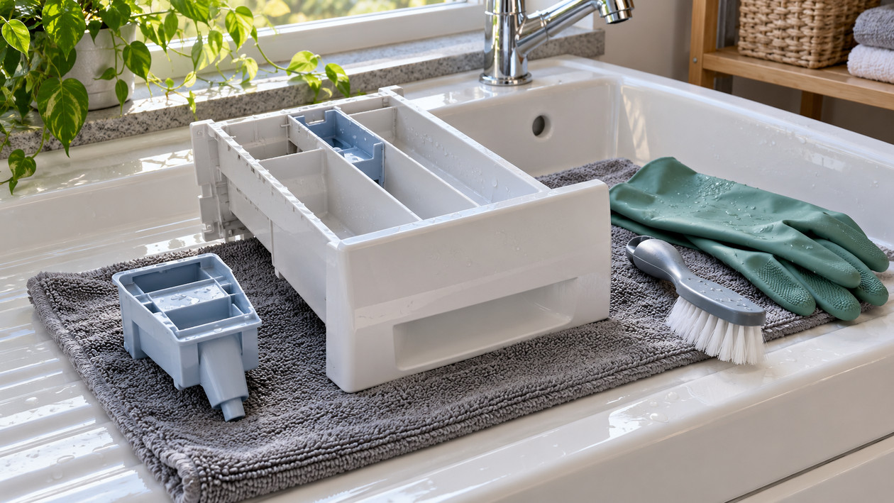 Lavabo kenarında yıkanmış deterjan çekmecesi ve yumuşatıcı sifon parçası