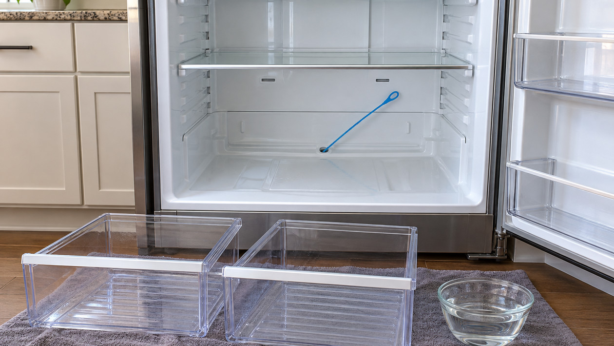 Sebzelikleri çıkarılmış buzdolabının arka duvarında buz çözme suyu tahliye kanalı ve deliği, içinde ince plastik temizleme çubuğu