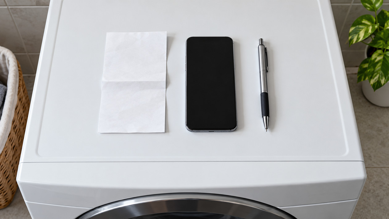 Çamaşır makinesinin üstünde fatura ve telefon