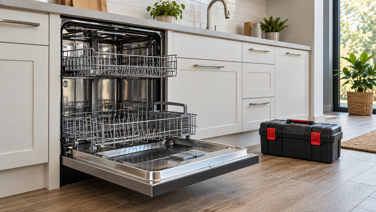 Kapağı açık bulaşık makinesinin yanında kapalı servis çantası