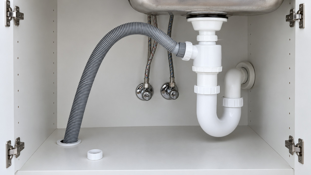 Lavabo altındaki sifonun yan ağzına bağlanmış bulaşık makinesi tahliye hortumu