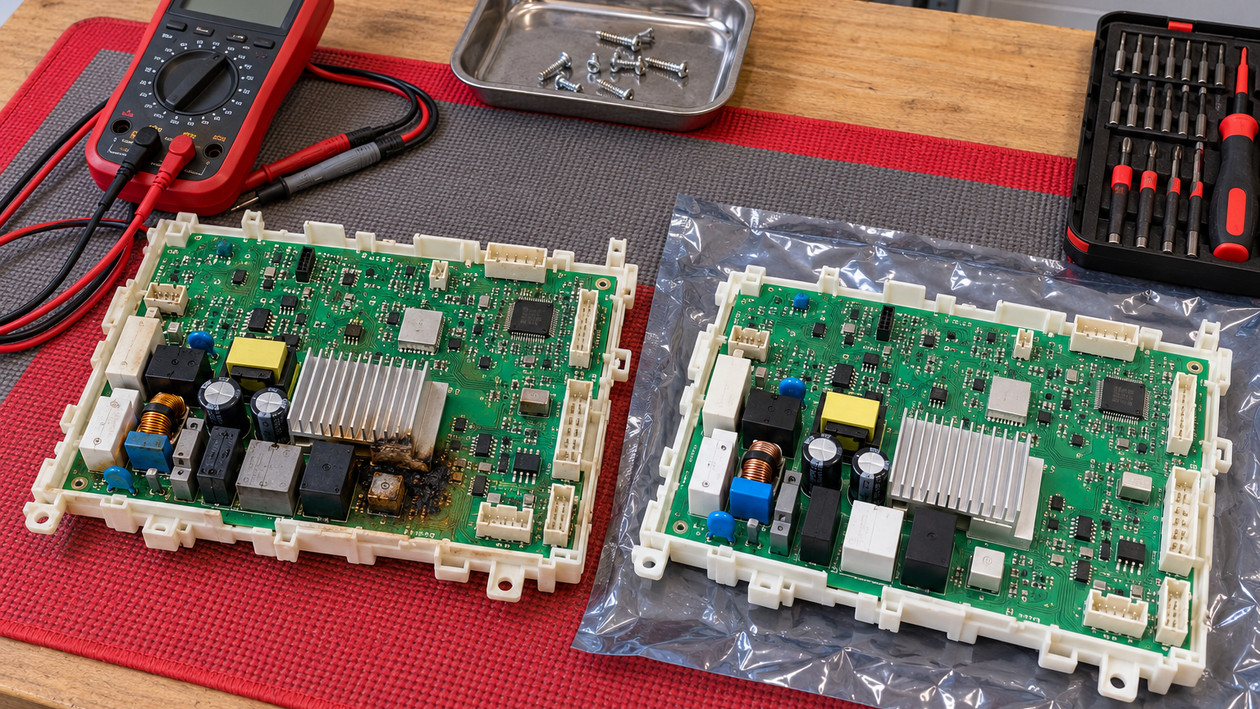 Çamaşır makinesinden çıkarılmış, bir bölgesi yanmış elektronik kart; yanında yeni kart ve multimetre